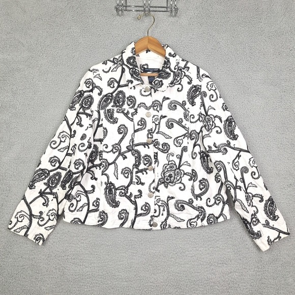 Saint Tropez West Jackets & Blazers - Saint Tropez‎ West Jacket Womens 1X White Black Linen Embroidered Paisley Boho